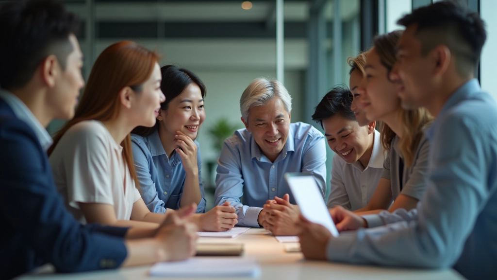 Diverse team collaborating in modern office setting with professionals from different backgrounds working together on a project